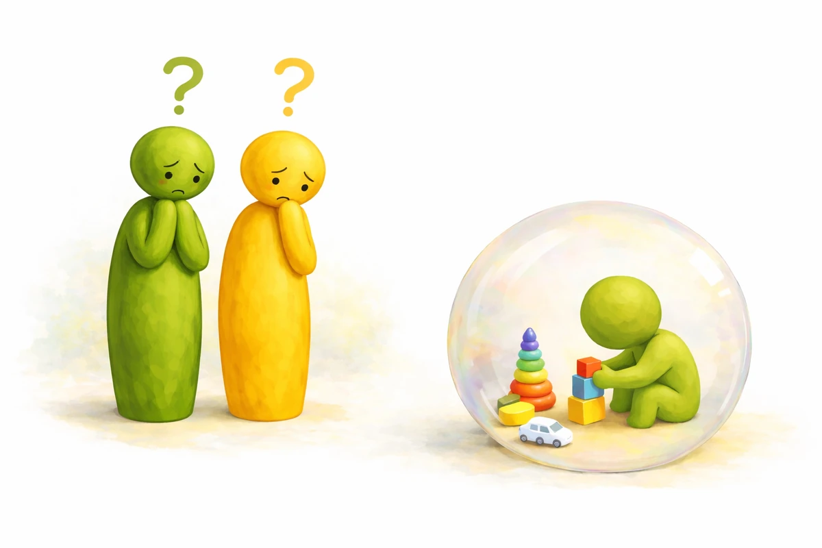 Illustratie van een gezin met houten figuren in een beschutte ruimte