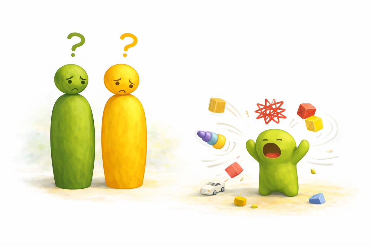 Illustratie met vragende ouders en een overweldigd kind tussen speelgoed